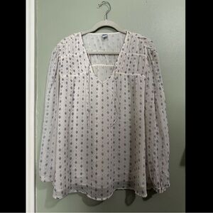 Old Navy Cream and Blue Blouse Relaxed Ruffled Long Sleeve